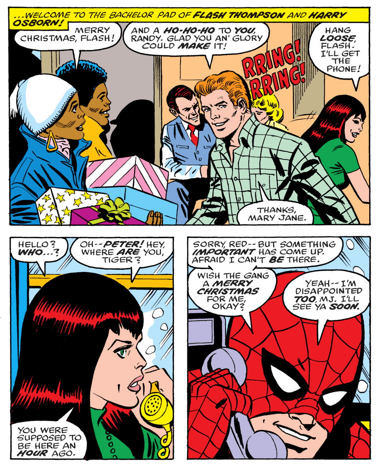 Three panels from Amazing Spider-Man #166 that depict Spider-Man telephoning "the bachelor pad or Flash Thompson and Harry Osborn" to tell Mary Jane Watson that he won't be attending their Christmas party