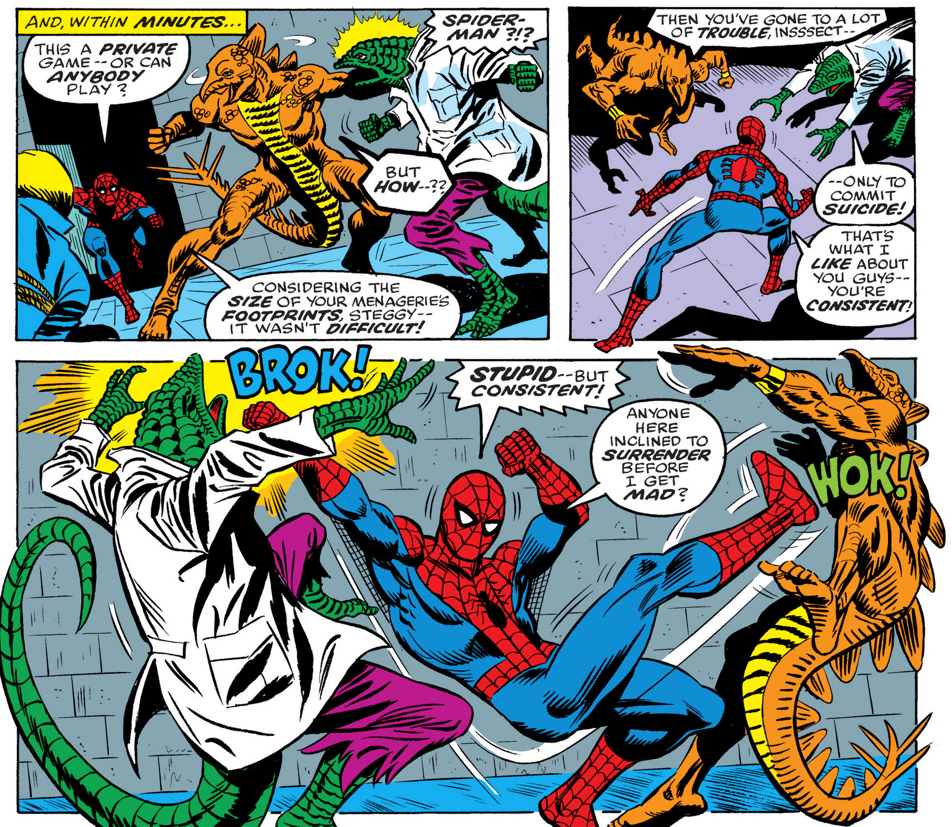 Three panels from Amazing Spider-Man #166 that depict Spider-Man arriving in an industrial-looking space to find Stegron and the Lizard fighting. Spider-Man takes them both on.