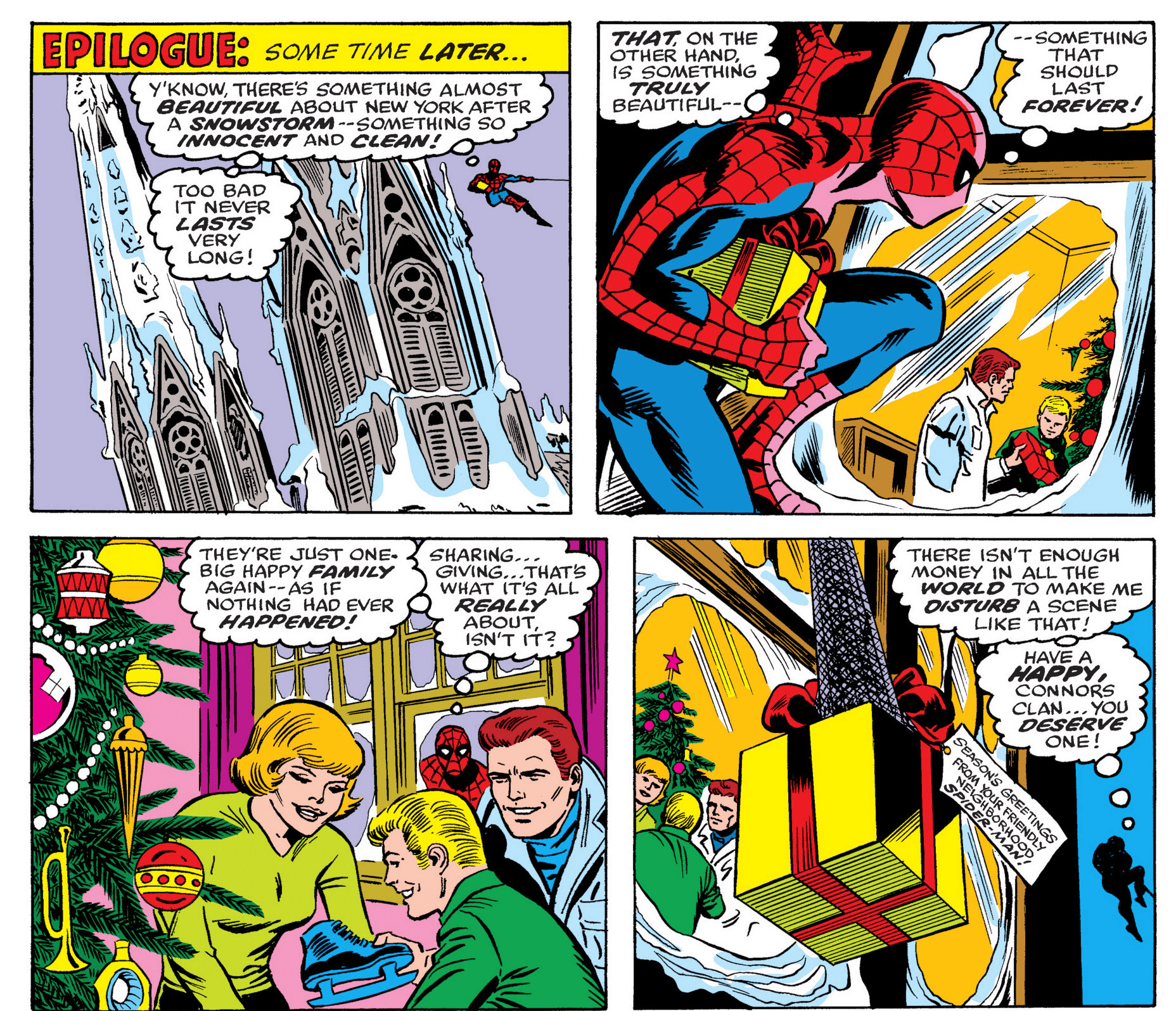 Four panels from Amazing Spider-Man #166 that depict Spider-Man secretly checking on the Connors family in their apartment. He leaves them a Christmas present on the fire escape.
