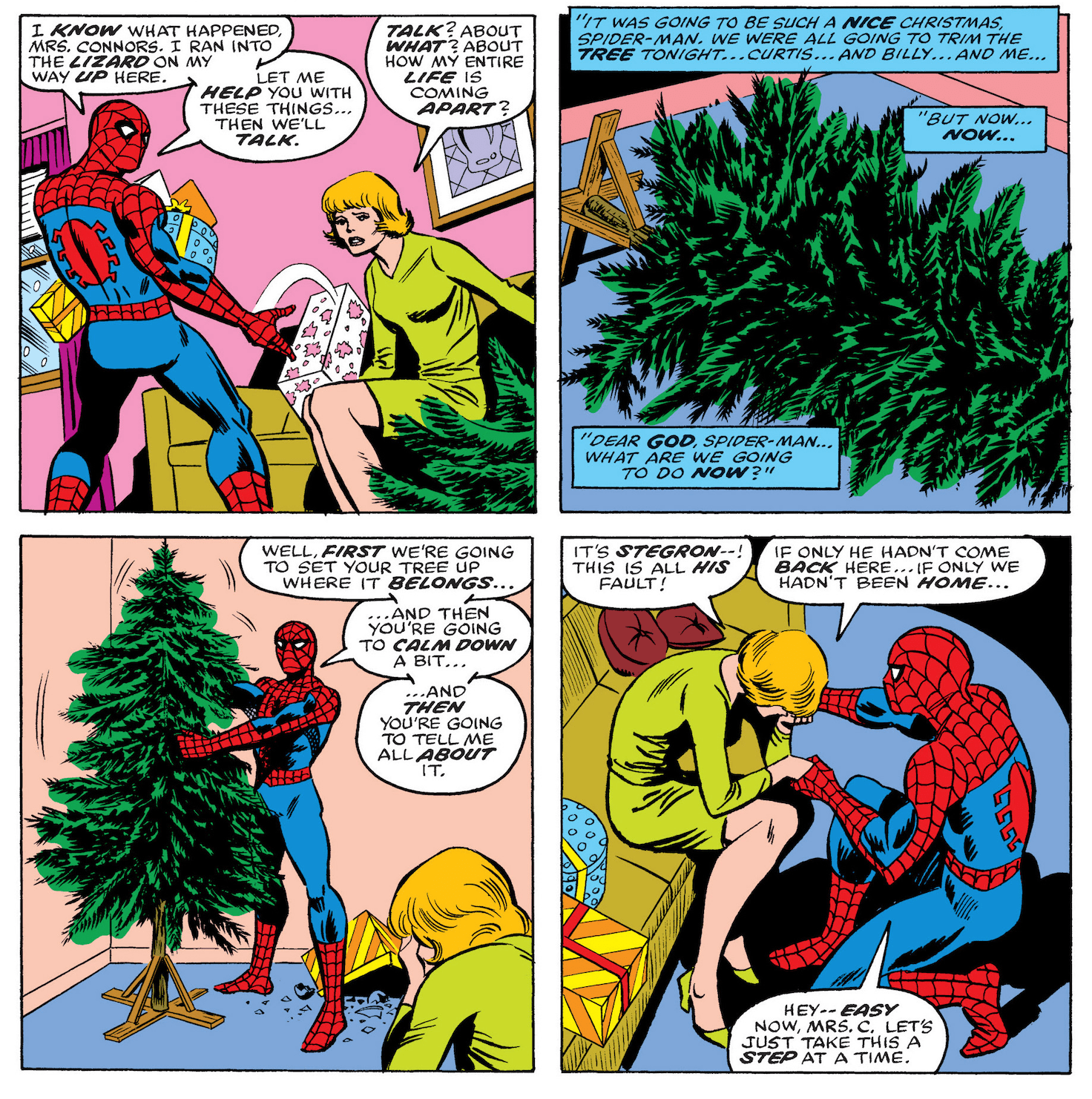 Four panels from Amazing Spider-Man #166 that depict Spider-Man visiting the apartment of the Connors family. He resets their toppled Christmas tree.